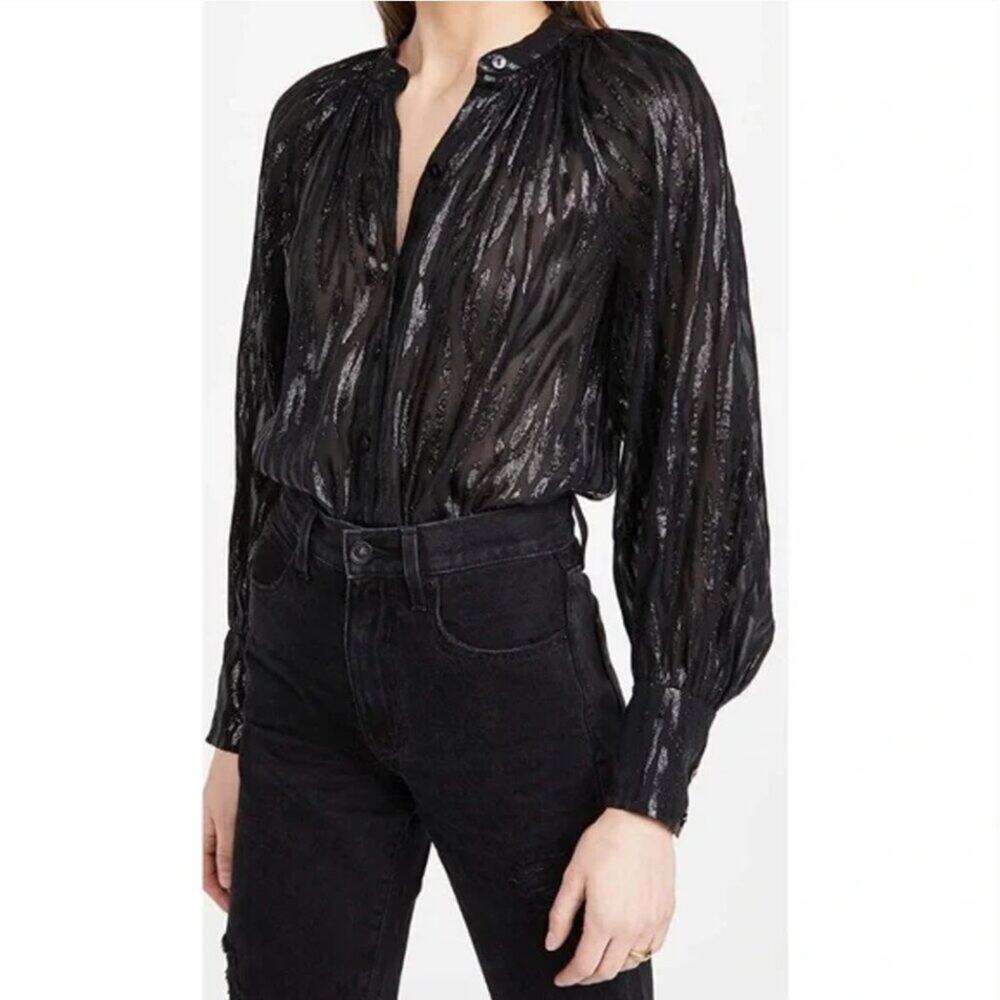 Rebecca Taylor Safari Silk Black Metallic Tiger Print Ruffle Blouse Size 6